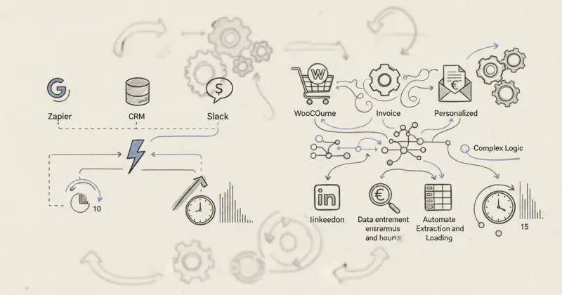 Workflow diagram showing automation connecting Google Ads forms to CRM and Slack for small business using Zapier vs Make para pequeñas empresas