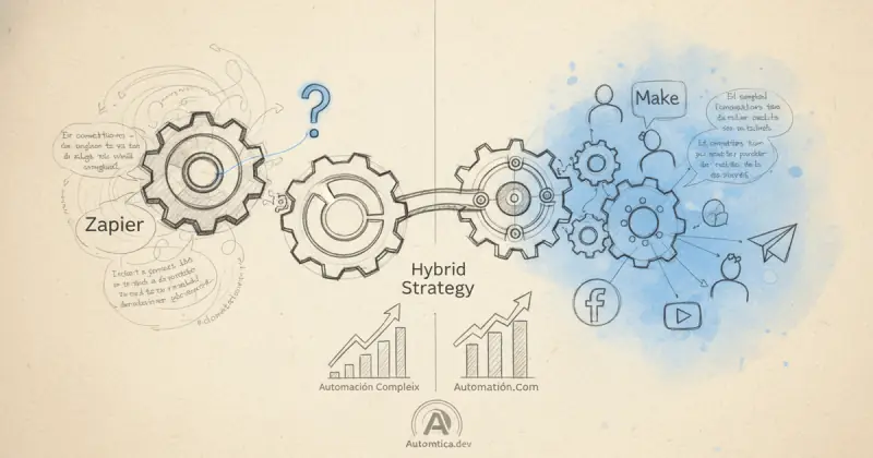 abstract illustration showing community support and documentation icons representing Zapier vs Make para pequeñas empresas in Spanish