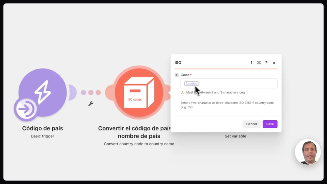 Añadir el módulo ISO code en Make