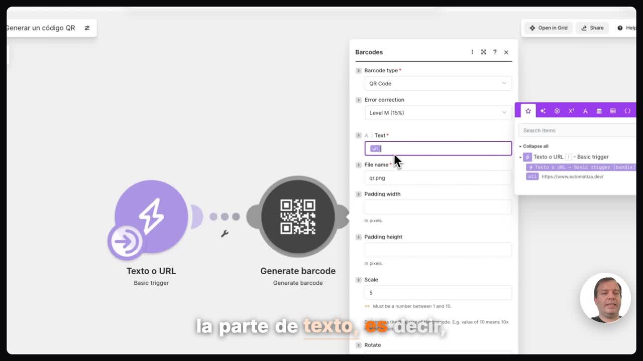 Configurar el tipo de código y mapear la URL en Make